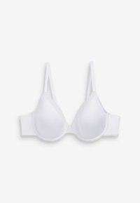 Fehér formázott kosaras melltartó merevítővel és állítható vállpántokkal, egyszínű háttéren.