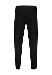 Leggings neri attillati realizzati in tessuto elasticizzato; texture liscia, senza motivi o cuciture visibili, con un alto elastico in vita.