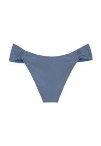 Parte inferior de bikini azul con un diseño sin tirantes y detalles fruncidos a los lados. Hecho de una tela suave y elástica.