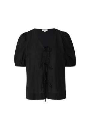 Blusa nera a maniche corte con scollo a V, dettagli con fiocco sul davanti e maniche a sbuffo, realizzata in tessuto leggero.