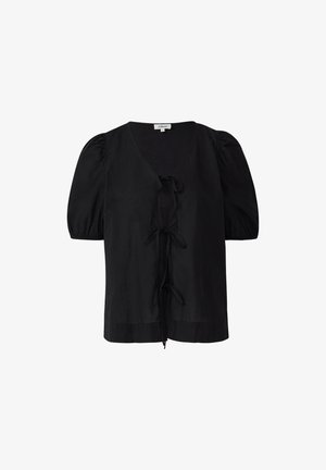 Blusa nera a maniche corte con scollo a V, dettagli con fiocco sul davanti e maniche a sbuffo, realizzata in tessuto leggero.