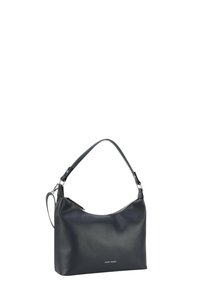 Borsa a spalla in pelle sintetica nera con silhouette curva, tracolla regolabile e hardware in argento. Presenta una chiusura con zip e dettagli con logo.