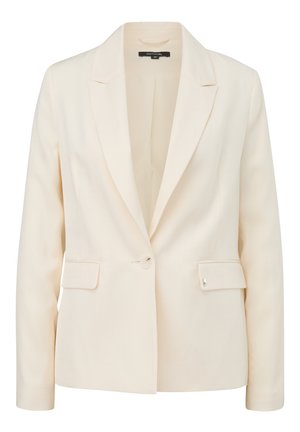 Cream-colored blazer made of textured fabric, featuring a single button closure, two front pockets, and sharp lapels.