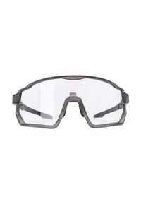 Sportsonnenbrille mit einem grauen transparenten Rahmen, klaren Gläsern, eckigem Design und Gummibezügen an den Bügeln für einen sicheren Halt.