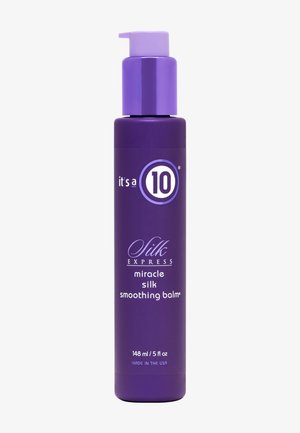 Paarse pompflacon van It's a 10 Silk Express Miracle Silk Smoothing Balm, 148 ml, met witte en lavendelgekleurde tekst op een witte achtergrond.
