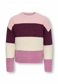 Maglione lavorato a maglia con scollo rotondo caratterizzato da strisce orizzontali in tonalità di rosa, bianco e viola. Polsini e orlo a coste.