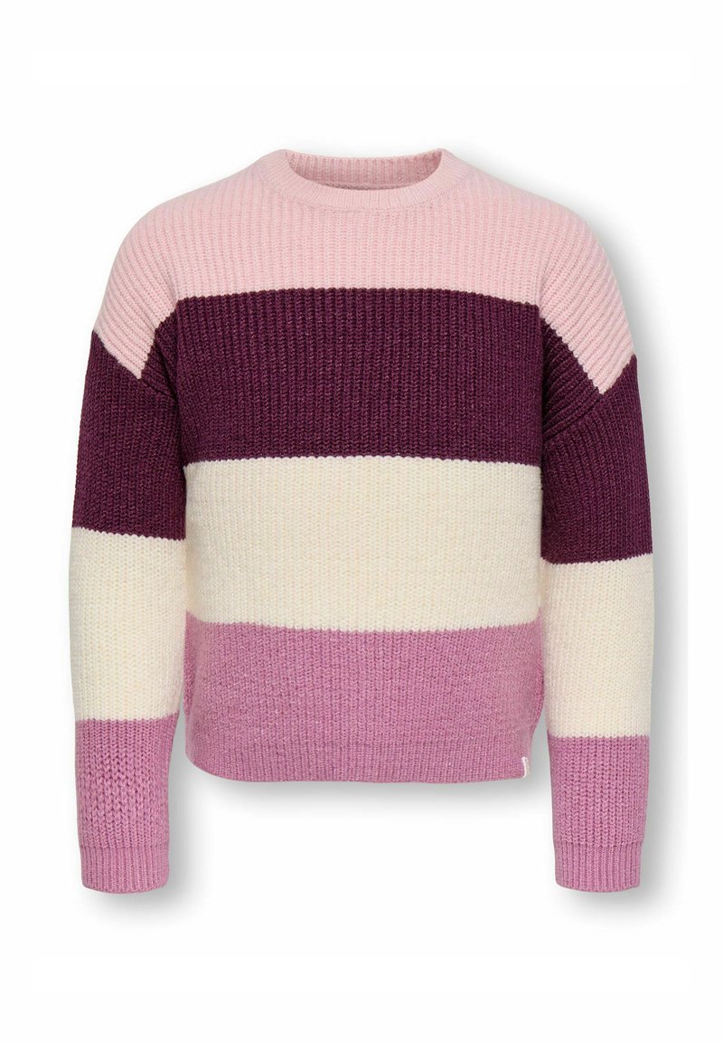 Maglione lavorato a maglia con scollo rotondo caratterizzato da strisce orizzontali in tonalità di rosa, bianco e viola. Polsini e orlo a coste.