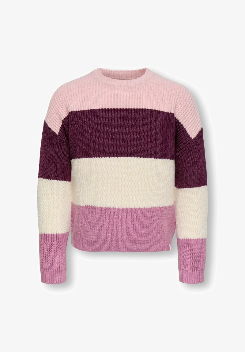 Maglione lavorato a maglia con scollo rotondo caratterizzato da strisce orizzontali in tonalità di rosa, bianco e viola. Polsini e orlo a coste.
