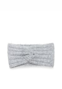 Graues, gestricktes Stirnband mit einem gedrehten Vorderteil, gerippter Textur und weichem, flauschigem Material. Ideal für Wärme und Stil.