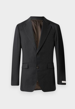 Blazer à rayures gris foncé avec un revers cranté, deux boutons et deux poches avant. Doublé d'un tissu marron contrastant.