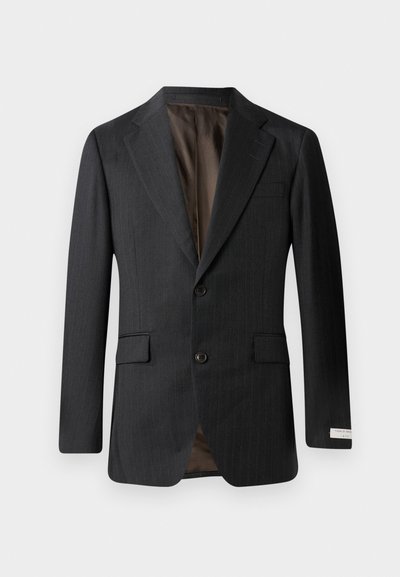 Dunkelgrauer Nadelstreifen-Blazer mit einem Reverskragen, zwei Knöpfen und zwei Fronttaschen. Futter aus einem kontrastierenden braunen Stoff.