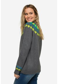 Grauer Pullover mit einem bunten geometrischen Muster in Blau, Grün und Gelb um den Halsausschnitt und die Ärmelbündchen. Weicher Stoff, lockere Passform.