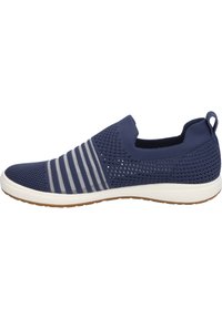 Blue mesh slip-on sneaker with elastic bands across the upper, white sole, and textured pattern. No visible logos or branding.
