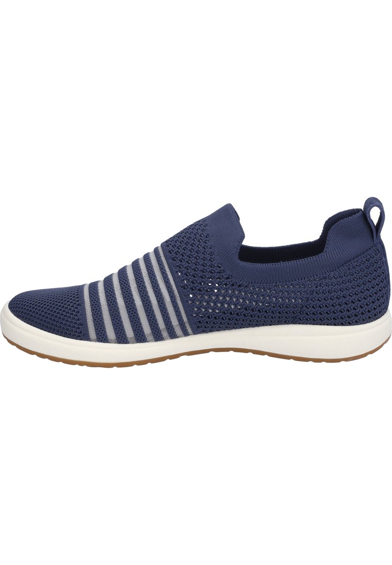 Blue mesh slip-on sneaker with elastic bands across the upper, white sole, and textured pattern. No visible logos or branding.