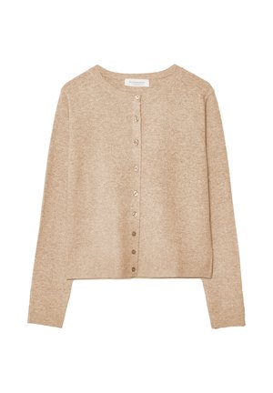 Cardigan lavorato a maglia beige con maniche lunghe, scollatura rotonda e una fila di sei bottoni sul davanti. Morbido al tatto, design corto.