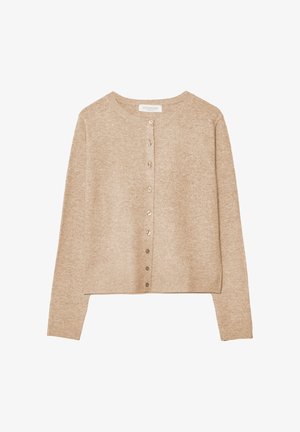 Cardigan lavorato a maglia beige con maniche lunghe, scollatura rotonda e una fila di sei bottoni sul davanti. Morbido al tatto, design corto.