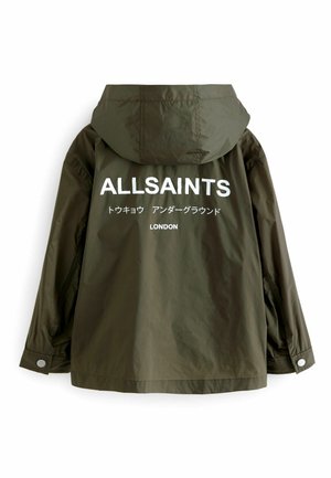 Õlivärvi kapuutsiga jakk, mille seljal on valged sõnad "ALLSAINTS" ja täiendav jaapani tekst. Varsad on varustatud nuppudega.
