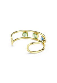 Bracciale in oro con tre gemme colorate: due verdi e una blu. Design in filo liscio e attorcigliato con estremità aperte e finitura lucida.