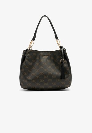 Borsa a mano in pelle sintetica nera con un motivo monogram gold, dotata di doppi manici e dettaglio in nappina. Gli accenti in metallo dorato completano il design.