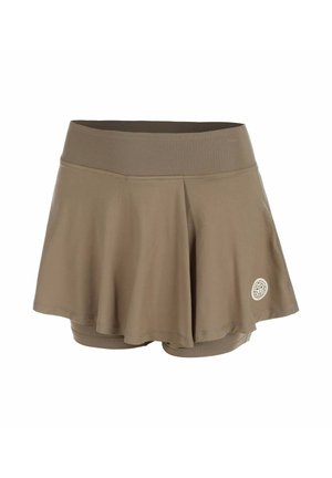 Taupefarbener sportlicher Skort mit breitem Bund, integrierten Shorts und kleinem rundem Logo unten rechts.
