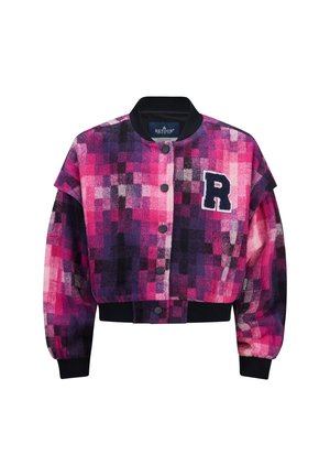 Giacca cropped con un pattern pixelato rosa, viola e nero. Presenta polsini neri a coste, chiusura con bottoni e un logo ricamato a forma di 'R'.