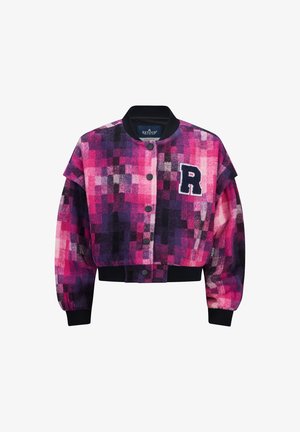 Giacca bomber corta con motivo pixelato in tonalità di rosa, viola e nero; chiusura con bottoni, polsini a coste e logo ricamato.