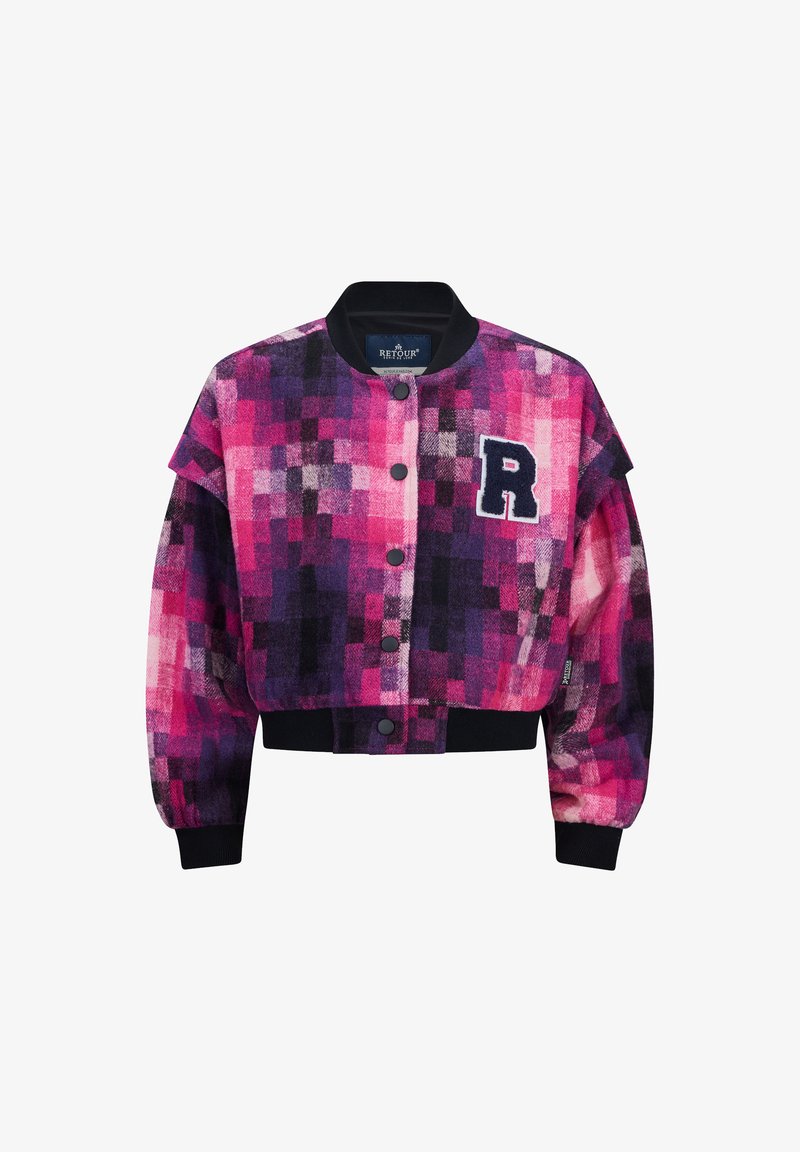 Giacca cropped con un pattern pixelato rosa, viola e nero. Presenta polsini neri a coste, chiusura con bottoni e un logo ricamato a forma di 'R'.