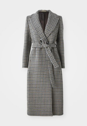 Long, double-breasted coat in a blue and brown houndstooth pattern, with a belt at the waist, lapel collar, and long sleeves.