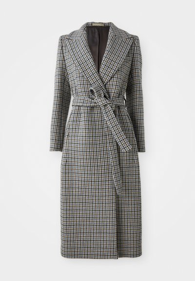 Long, double-breasted coat in a blue and brown houndstooth pattern, with a belt at the waist, lapel collar, and long sleeves.