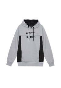 Sudadera gris con paneles laterales negros y un gráfico frontal que dice "HOOD 3475". Cuenta con una capucha ajustable y puños y dobladillo acanalados.