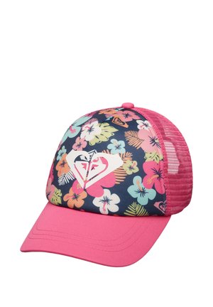 Roze honkbalpet met een bloemmotief van blauwe, gele en roze bloemen. Voorpaneel met een wit diamantlogo; achterkant van gaas.