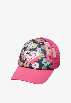 Roze honkbalpet met een bloemmotief van blauwe, gele en roze bloemen. Voorpaneel met een wit diamantlogo; achterkant van gaas.