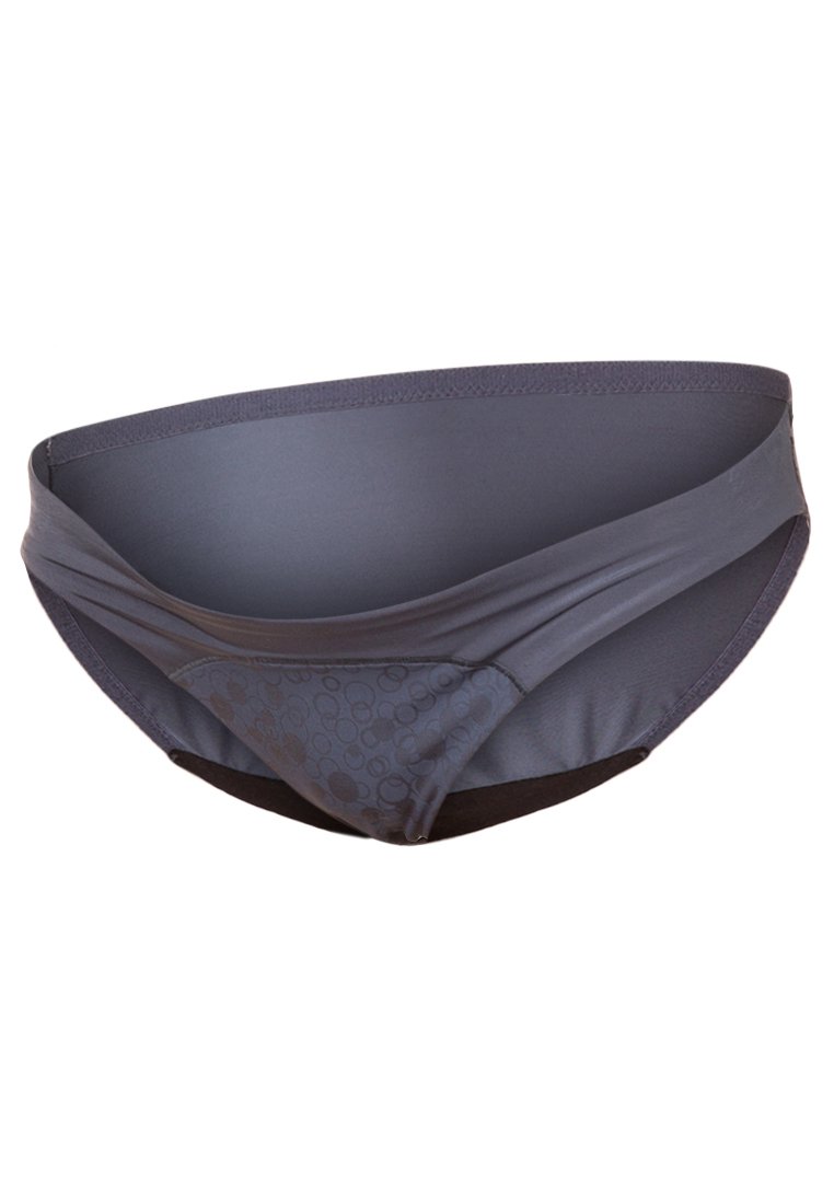 Culotte grise à motifs pour femmes, en tissu lisse, dotée d'une taille large et d'un design offrant une couverture minimale avec des accents de couleur contrastante.
