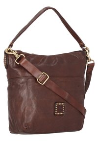 Borsa a spalla in pelle marrone con un design morbido. Presenta una tracolla removibile, hardware dorato e dettagli con borchie sui lati.