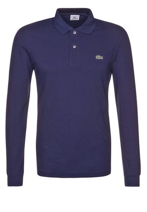 Long-sleeve navy polo shirt made of cotton, featuring a three-button placket and an embroidered green crocodile logo on the left chest.