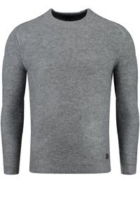 Grauer gestrickter Pullover mit Rundhalsausschnitt, langen Ärmeln und gerippten Bündchen. Verfügt über eine dezente Textur und ein kleines Markenlogo am unteren Saum.