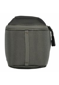 Funda de almacenamiento acolchada en gris con exterior texturizado, cierre de cremallera y asa lateral. Forma cúbica compacta. Adecuada para accesorios.