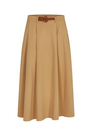 Une jupe midi beige avec des plis, une taille ajustée et une ceinture marron avec une boucle circulaire. Fabriquée en tissu lisse avec un design fluide.