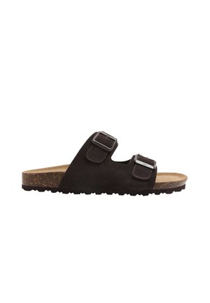 Brun ruskind slide sandal med to justerbare metalspænder og korkfod med sort slidsål.