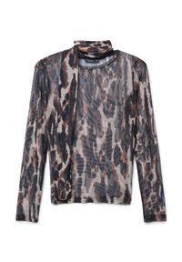 Top a maniche lunghe in tessuto trasparente e leggero con una stampa animalier mista nelle tonalità di nero, marrone e crema, caratterizzato da un design con collo alto alla coreana.