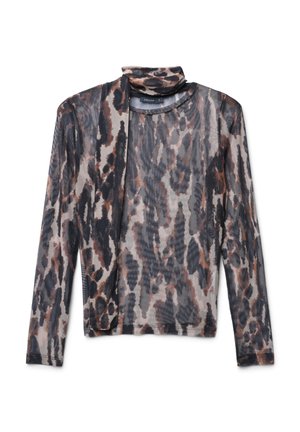 Top a maniche lunghe in tessuto trasparente e leggero con una stampa animalier mista nelle tonalità di nero, marrone e crema, caratterizzato da un design con collo alto alla coreana.
