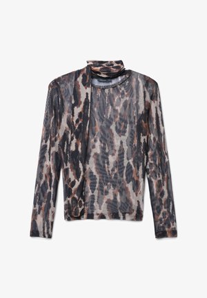 Top a maniche lunghe in tessuto trasparente e leggero con una stampa animalier mista nelle tonalità di nero, marrone e crema, caratterizzato da un design con collo alto alla coreana.
