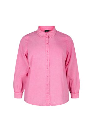 Pink button-up shirt with a rounded collar, long sleeves gathered at the cuffs, and a textured fabric. Front has a placket with buttons.