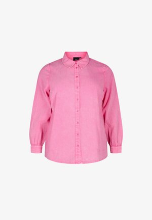 Pink button-up shirt with a rounded collar, long sleeves gathered at the cuffs, and a textured fabric. Front has a placket with buttons.