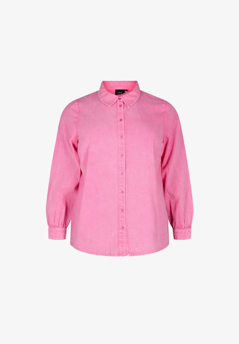 Roosa nööpidega särk ümarate krae, pika varrukaga, mis on kinnitatud mansettide külge, ja tekstureeritud kangas. Ees on nööpidega plake.