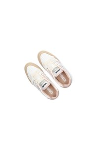 White sneakers with pink accents, mesh panels, perforated toe, flat laces, and rubber soles. Brand logo visible on the tongue.