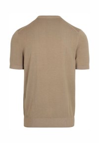 Korte mouw, beige sweater in een zachte gebreide stof. Heeft een ronde halslijn, ribbelrand en een gladde textuur. Eenvoudig en veelzijdig ontwerp.
