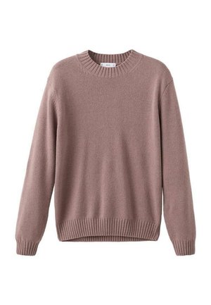 Jersey de punto rosa claro con cuello redondo, puños y dobladillo acanalados. La tela tiene una textura suave y un ajuste relajado.