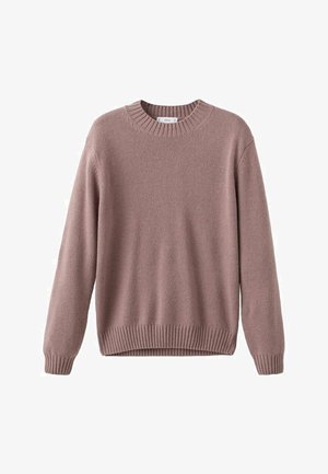 Jasnoróżowy dzianinowy sweter z okrągłym dekoltem, ściągaczami na mankietach i u dołu. Materiał ma miękką fakturę i luźny fason.