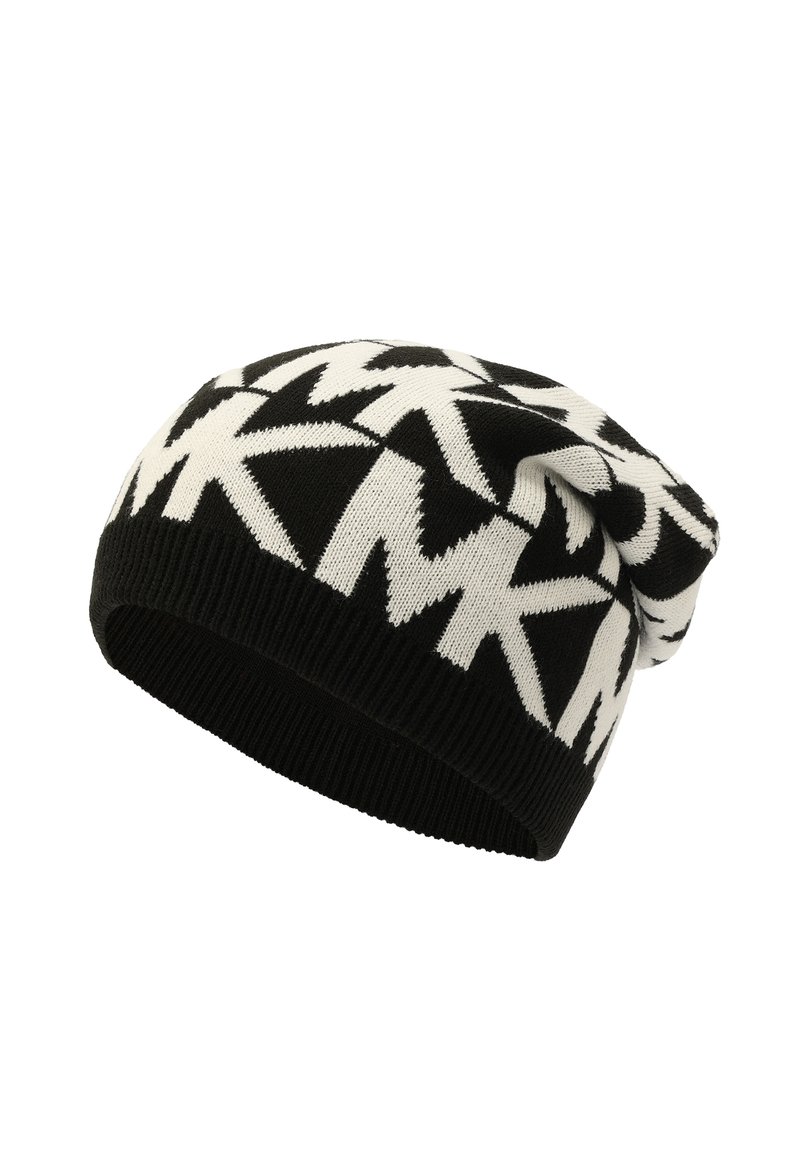 Beanie lavorato a maglia in bianco e nero con un audace motivo a zigzag e bordo a coste, dall'aspetto slouchy.